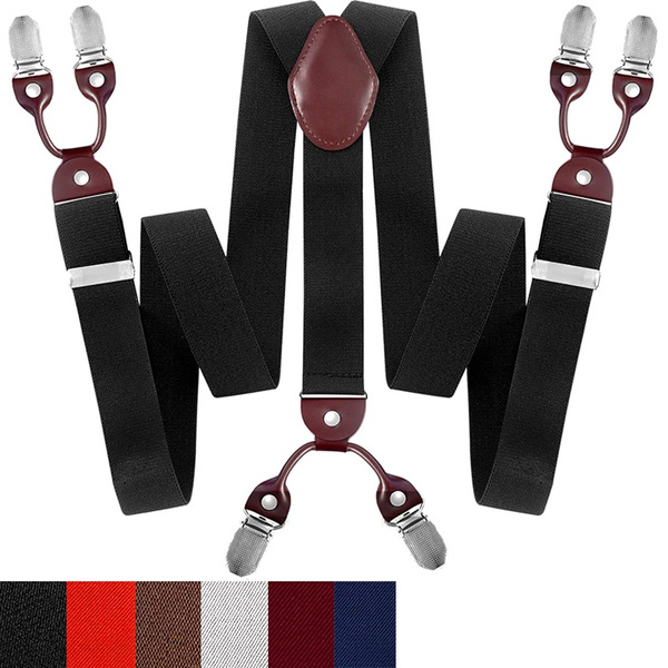 Mens Suspenders Suit Brace Yback Leather Heavy Duty Suspender with 6 Metal Clip Wish