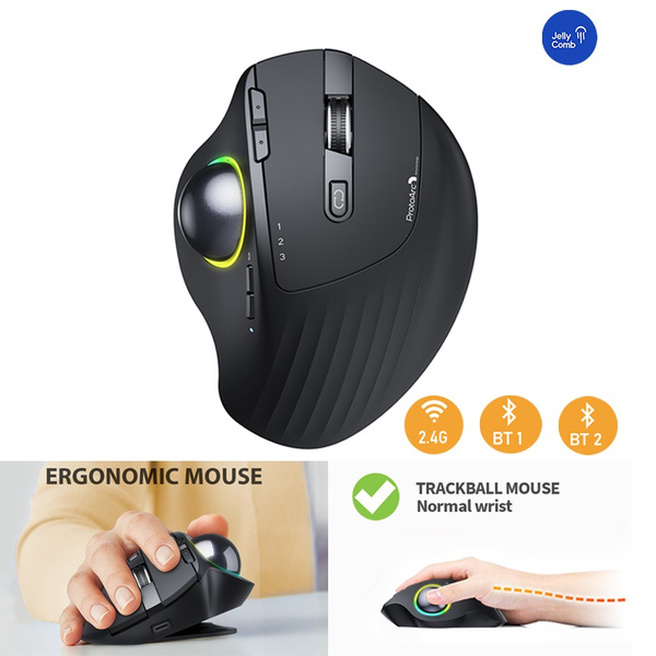 Jelly Comb RGB Wireless Trackball Mouse, 2.4G Bluetooth Ergonomic Rechargeable Mice with 3