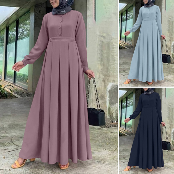 ZANZEA Women Vintage Dubai Abaya Turkey Sundress Solid Muslim Islamic  Clothing Long Sleeve Maxi Long Dress