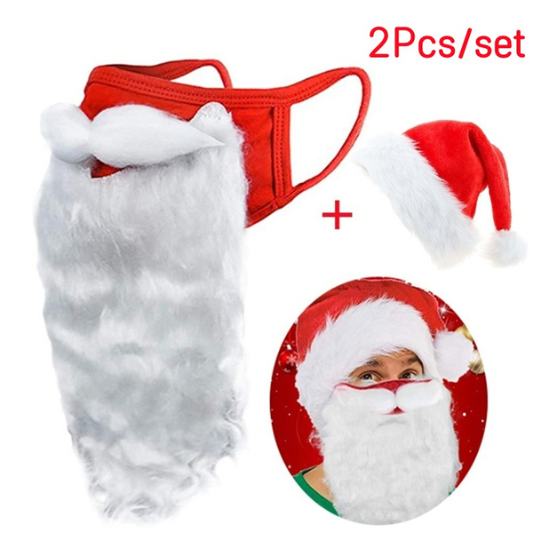 2 Pcs/set Santa Claus Beard Mask & Adults Plush Santa Hat Christmas ...