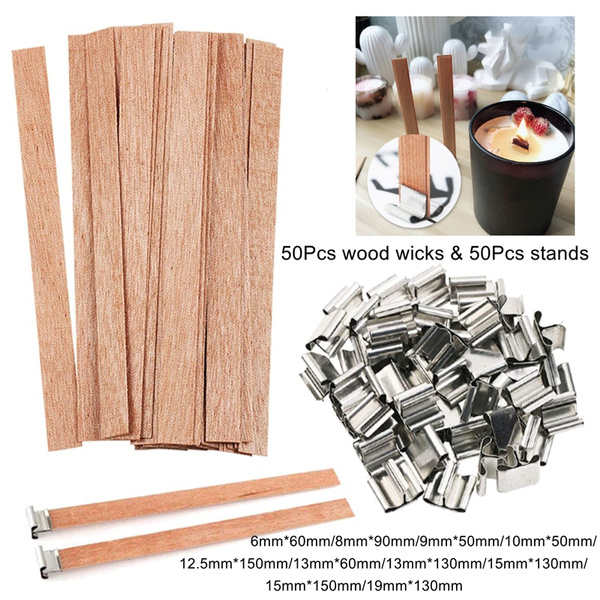 50Pcs Wood Candle Wicks and 50Pcs Iron Bases Natural Wooden Candle