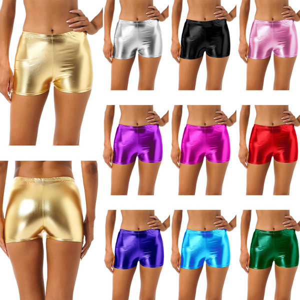 Women's Metallic Shorts Shiny Pants Yoga Sparkly Hot Elastic Waist Rave Booty Dance Bottoms Wish