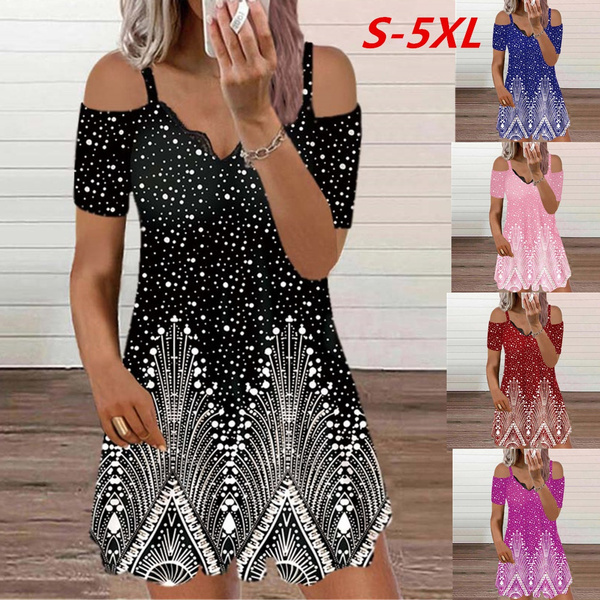 Women's Clothes 2022 Summer New Fashion Women's Off Shoulder Short Sleeve  Lace V-neck Printed Casual Dress Soft and Comfortable Plus Size Loose Dress  S-5XL