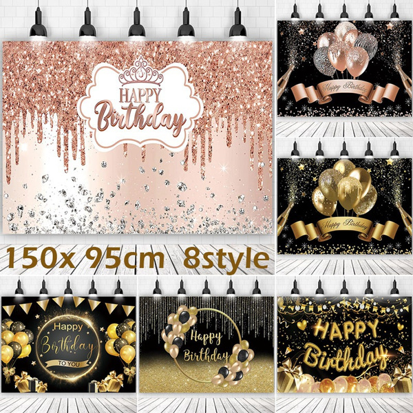 Happy Birthday Backdrop Banner Black Gold Balloon Star For Adult Kids ...