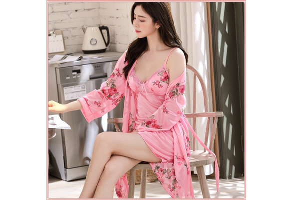 Women Fashion Soft Satin Two-Piece Pajamas Sets Ice Silk Sexy Lace Nightgown  Sleepwear（Plus Size XS-5XL）