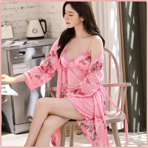 Women's Fashion Cute Printed Rose Pyjamas Silk Satin Two-Piece Pajamas Sets  Ice Silk Sex Lace Nightgown Sleepwear（Plus Size XS-5XL）