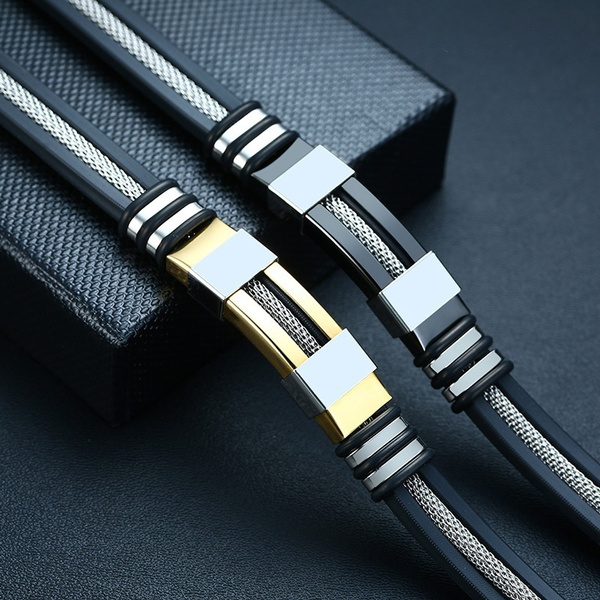 YL Black Braided Leather Bracelet For Men & Women - Stainless Steel Cuff Bangle Punk Wristband