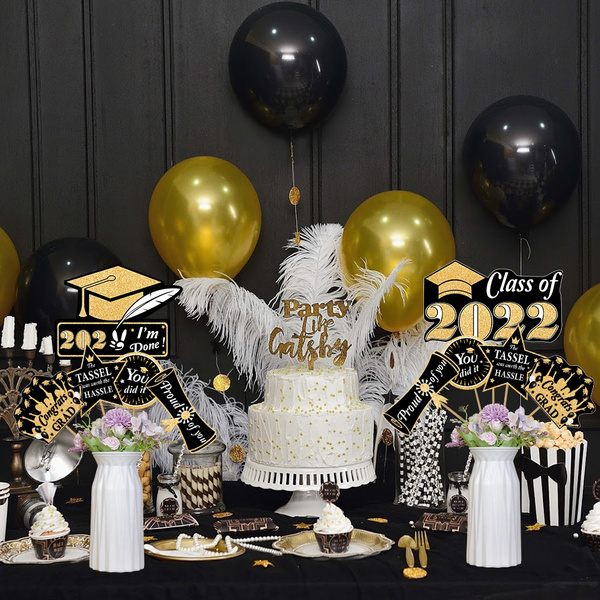 30PCS Graduation Party Decorations 2022, Black and Gold Class of 2022 ...