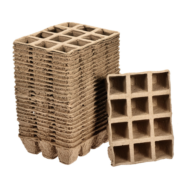 Square Peat Pot Plant Starting Tray Kit, 24 Pack 12 Cells Pulp for