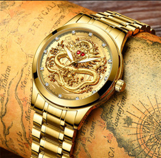 Fashion, dragonpatternwatch, Waterproof Watch, gold