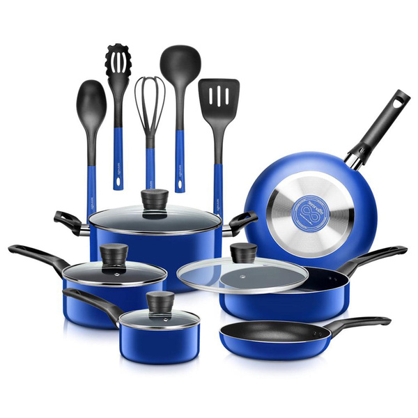 pots and pans set blue