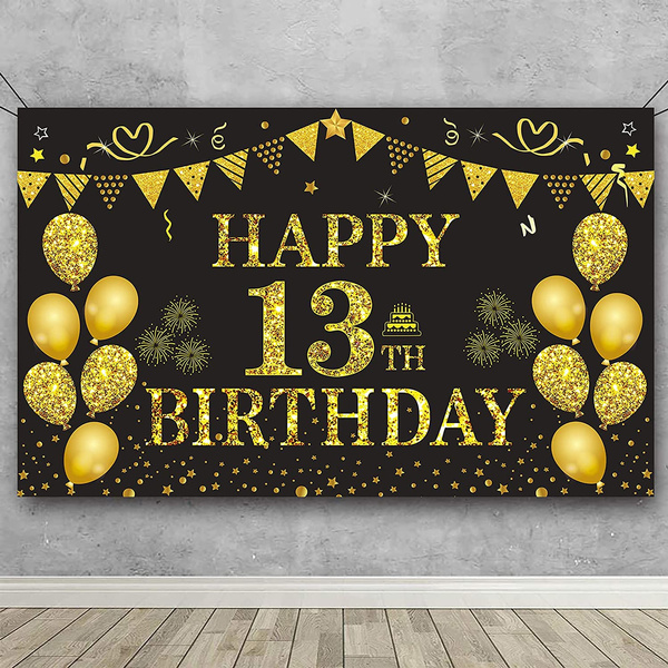 13th Birthday Banner - Gold and Black Happy Birthday Party Decorations ...