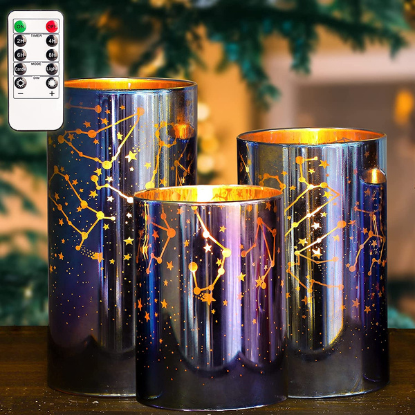 Blue Glass Flameless Candles with Remote Starry Sky Theme LED