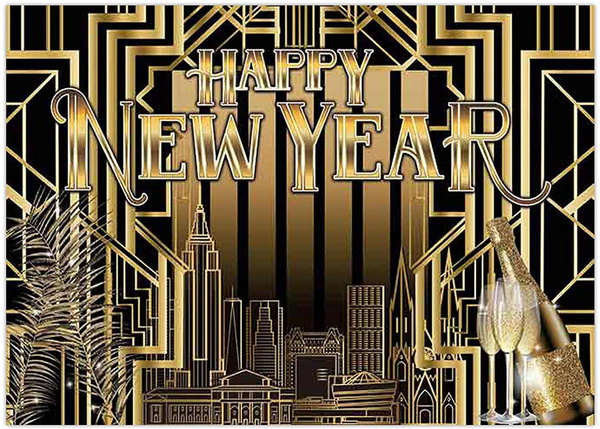MAQTT 7x5FT Fiber Black Gold Happy New Year Party Backdrop Banner...
