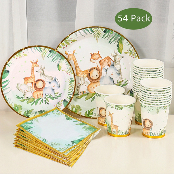 54 Pack Jungle Animal Party Plates Cups and Napkins Disposable Paper
