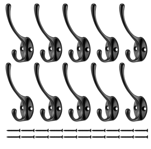 10 Pack Heavy Duty Dual Coat Hooks Wall Mounted with 20 Screws Metal Hooks Retro Double Hooks