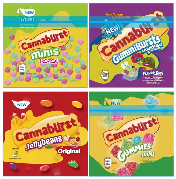 New Cannaburst Sour Gummy Bags 4 Types Gummy Mylar Candy Resealable Edible 600mg Mini Tropical