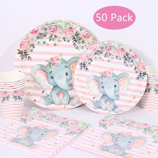 50 Pack Elephant Tableware Set Paper Dinner Dessert Plates Cups and