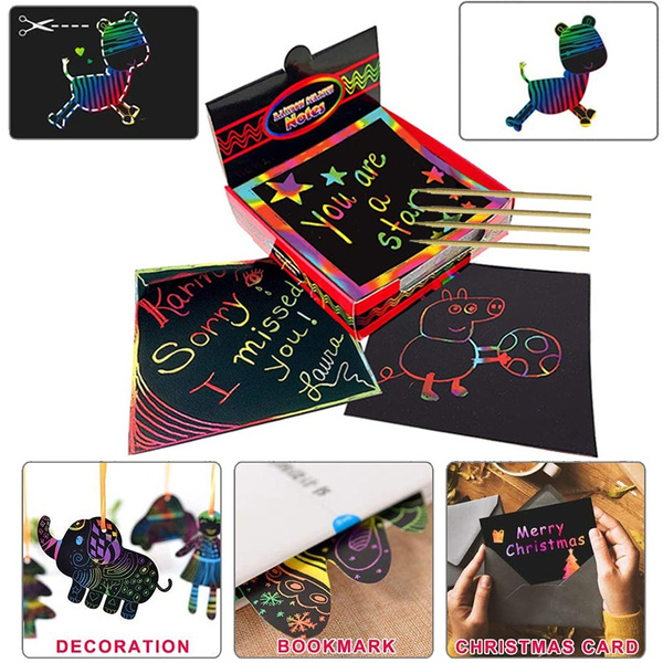 100 Pieces Kids Magic Rainbow Scratch Mini Note Paper Pad Cards DIY ...