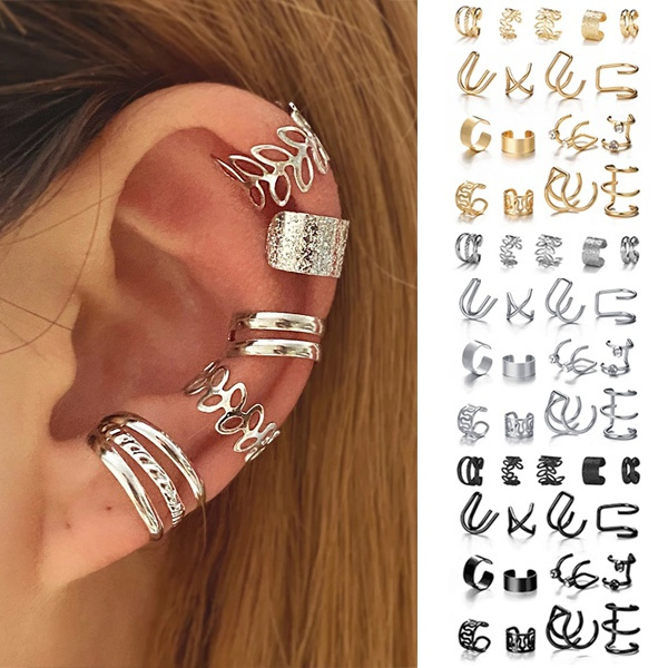Gold Silver Ear Cuff Black Non-Piercing Ear Clip Earrings for Women Men  Fake Cartilage Earring Cuff Trend Jewelry