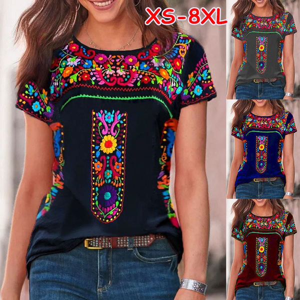 XS-8XL Women's Fashion Summer Clothes Casual O-neck Short Sleeved Tops  Ladies Retro Ethnic Style Floral Printed Blouses Loose T-shirts Plus Size