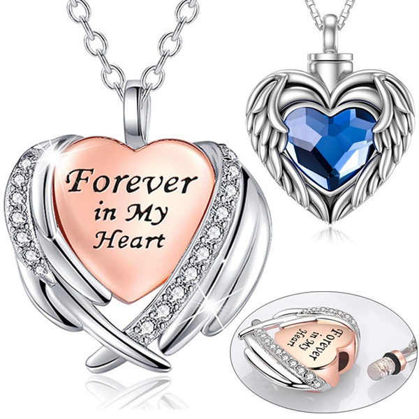 COCO Park Cremation Urn Necklace - Eagle Wing & Heart Design Memorial Keepsake With Blue Diamond - View #3