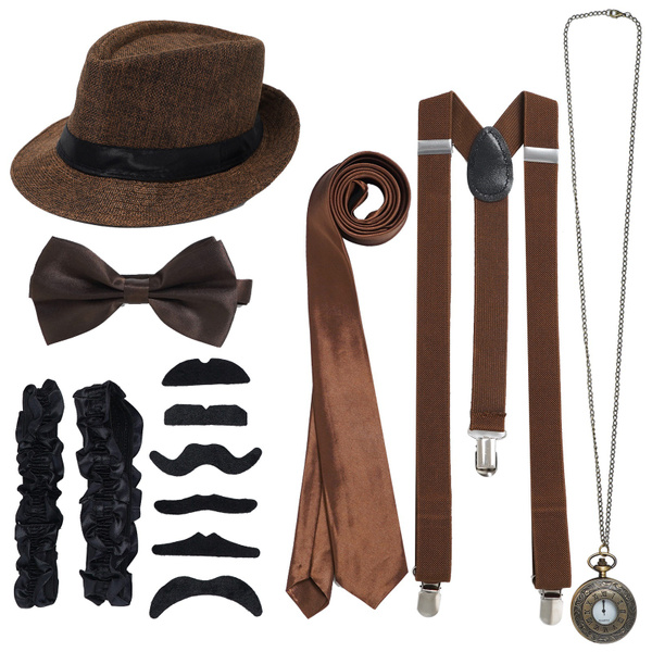 Mens 1920s Accessories Set Fedora Hat Suspenders Bow Tie and Tie Fake ...