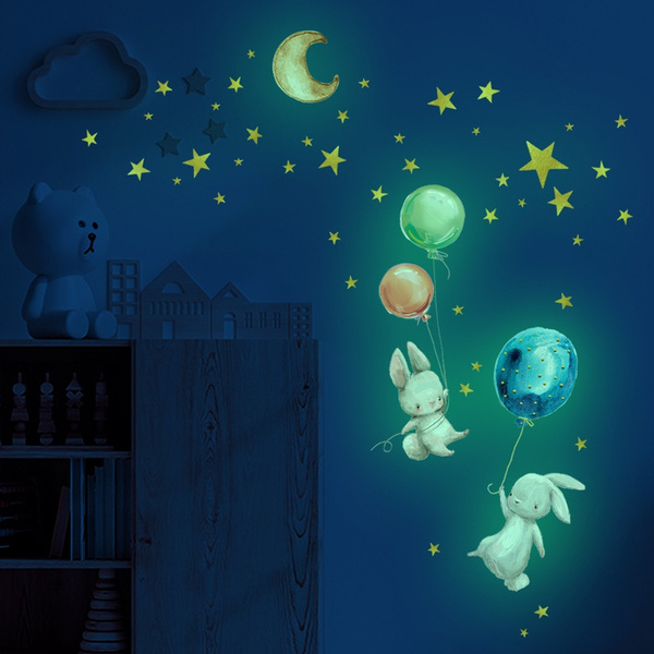 Luminous Rabbit Balloon Stars Wall Sticker For Kids Baby Room Home ...