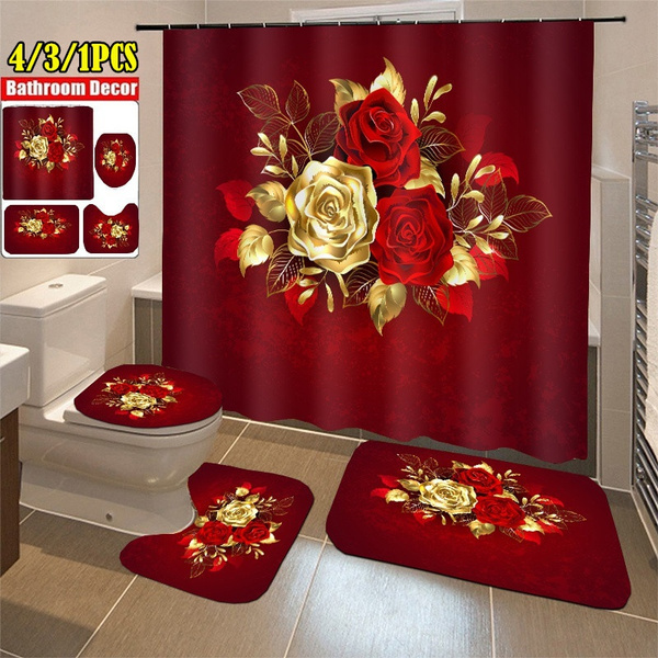 4/3/1pcs Red Rose Print Bathroom Set Shower Curtain Non-slip Bath