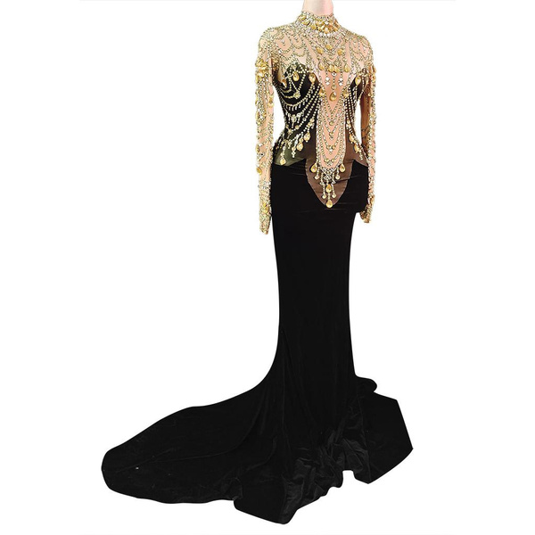 Flashing Gold Rhinestone Velvet Black Evening Gown Long Sleeve Stretch ...