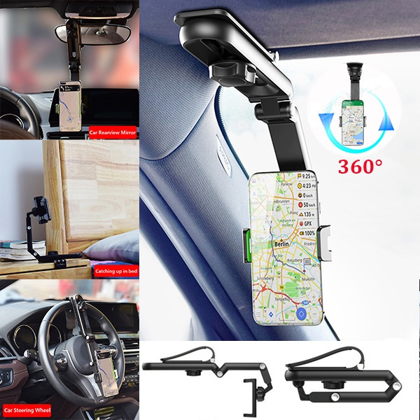 Car Rearview Mirror Phone Holder Stable Phone Mount 360-Degree Rotation Auto Rear View Mirror Bracket for Smartphone Navigation - 34