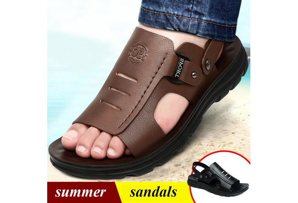 Summer Sandals Fashion Men Leather Men Slip On Casual Flip Flops for Male  Genuine Leather Sandals Open Toe Breathable Travel Shoes Men Slippers