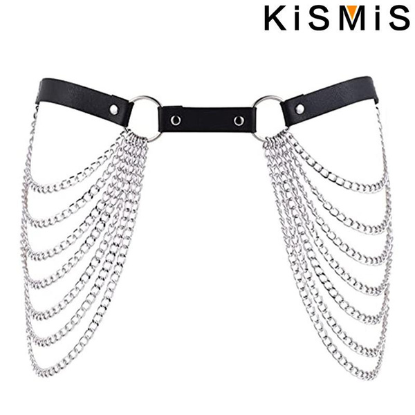 KISMIS 1PC/2Pcs Punk Black Waist Chain Belt Leather Layered Belly Body Chain Rave Body Jewelry