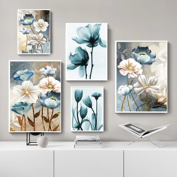 Nordic Canvas Painting Flower Poster Blue Flower Wall Art Print Modern Living Room Decoration