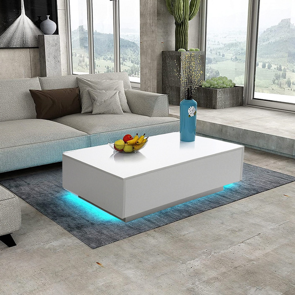 2022 White/Black Modern High Gloss LED Light Coffee Table For Living