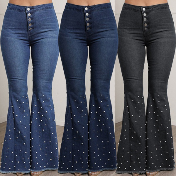 Women's Fashion High Waist Stretch Jeans Ladies Casual Beaded Flared ...