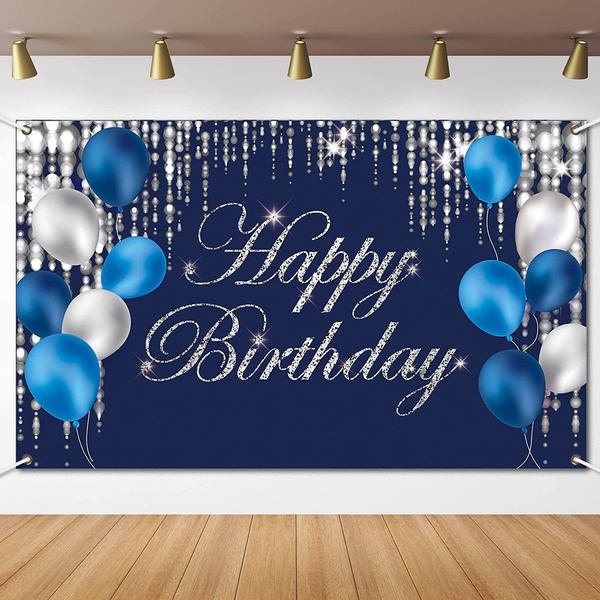 Blue Silver Happy Birthday Decorations Blue Birthday Banner Backdrop
