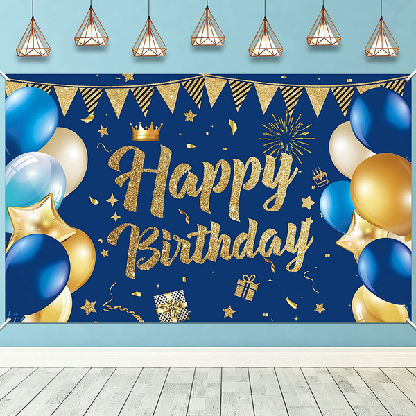 Navy Blue Birthday Party Decoration Banner, Navy Blue and Gold Happy ...