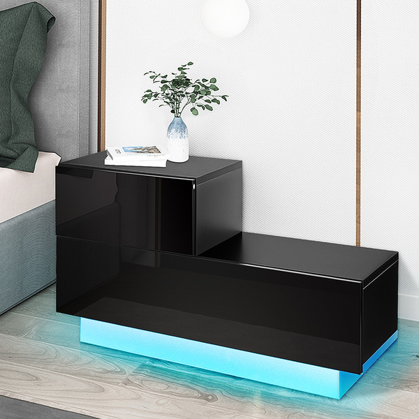 2 Glossy Drawers RGB LED Nightstand Modern Bedside Table with Remote 2