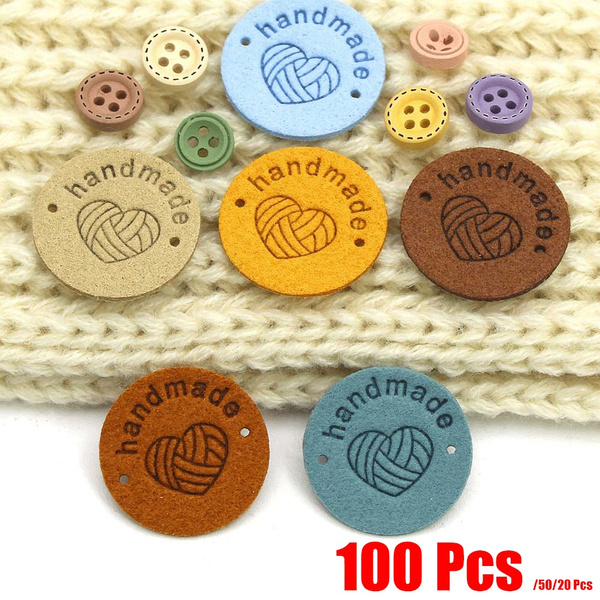 20/50/100pcs Round Leather Labels Heart Yarn Ball Handmade Tags for Clothes  Mix Color Hand Made DIY Bags Sewing Garment Accessories