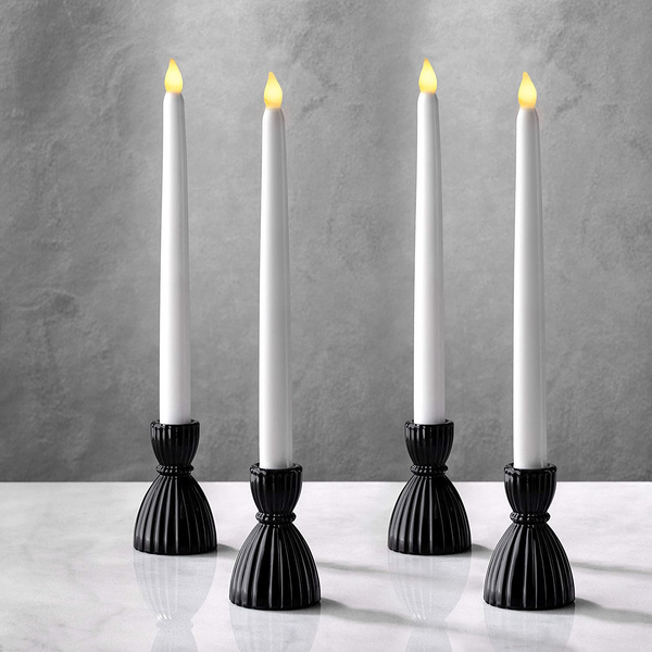 Flameless Taper Candle Set with Black Holders 4 Pack, White Tapered