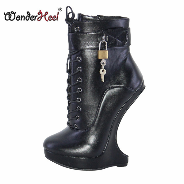 Wonderheel New Extreme High Heel 18cm With 3cm Platform Wedge Ankle Boots Matte Leather Padlocks 7414