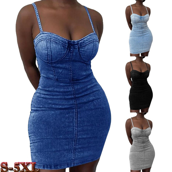 Women Sexy Solid Color Spaghetti Straps Waist Tight Bodycon Mini Denim