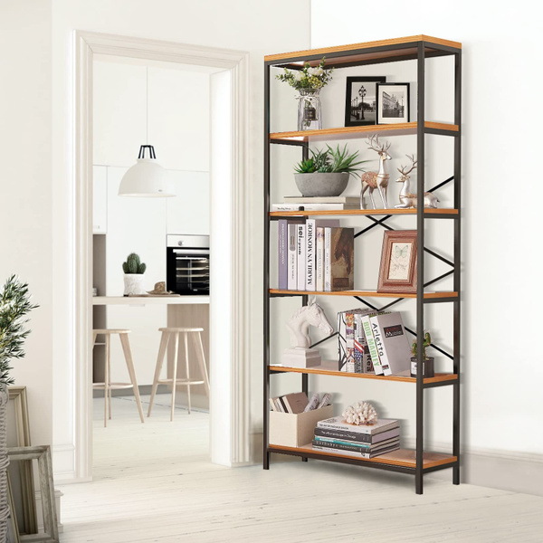 5 Tier Industrial Bookshelf, 71 Rustic Wood Tall Bookshelf, Floor