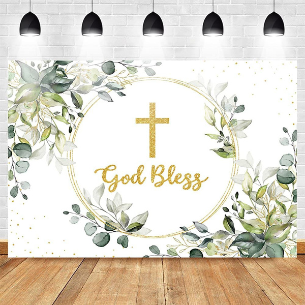 Greenery Baptism Backdrop Green and Gold God Bless Background First ...