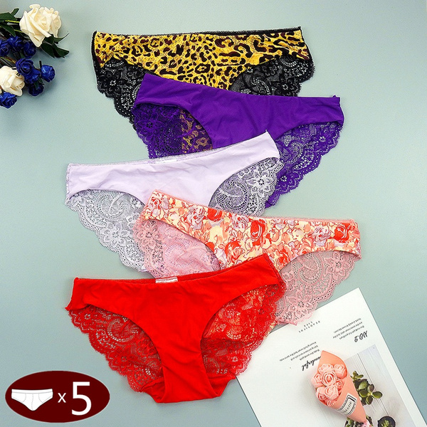 5pcslot Women Seamless Panties Lace Knickers Hollow Breathable Sexy Ice Silk Lingerie Wish 