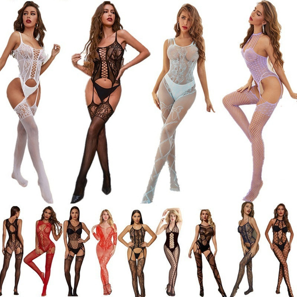 3pcs/Set Women's Halter Foil Leather Strap Fishnet Sexy Bodysuits