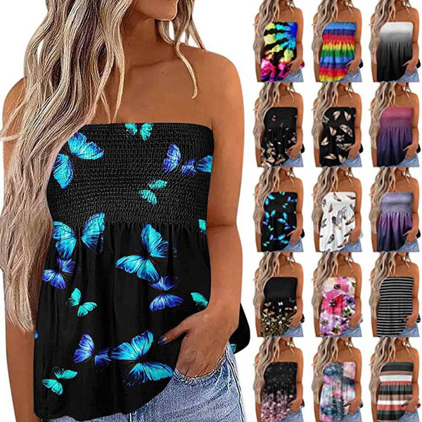 Strapless Bandeau Tank Women Elastic Tank Top Casual Sleeveless Striped  Gradient Tube Tops Loose Off Shoulder Multicolor Summer Holiday Blouse