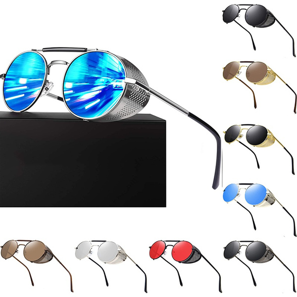 Retro Round Polarized Steampunk Sunglasses Men Side Shield Goggles