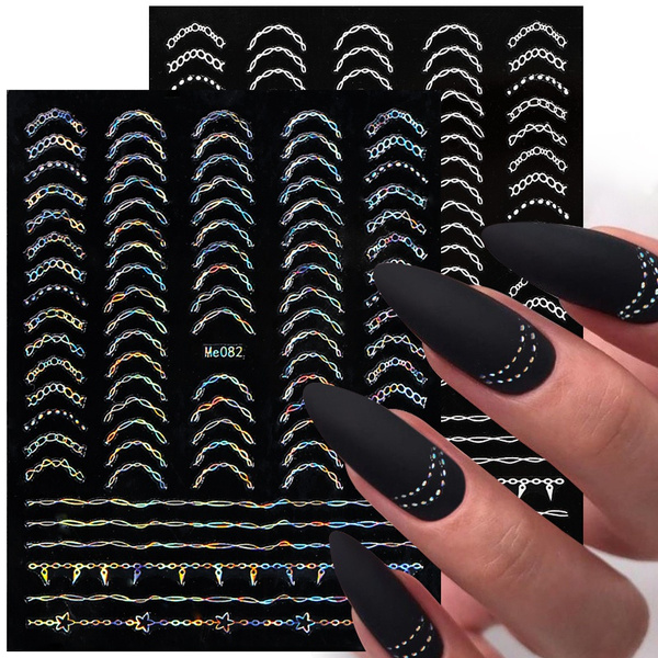 Reflective Glitter French Line 3D Nail Stickers Gold Silver Geometric